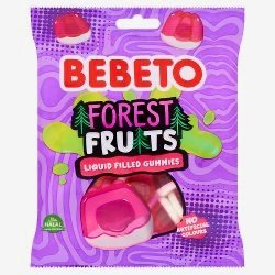 A 150g retail bag of halal Bebeto Forest Fruits Soft Candy featuring colorful berry-shaped gummies in purple, red, and blue.