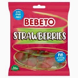 A 150g halal retail bag of Bebeto Strawberry Soft Candy featuring bright red, strawberry-shaped gelatin-free gummies.