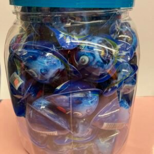 A bulk tub of 50 individually wrapped 18g halal Blueberry Jelly Filled Gummies with a blue outer shell and juicy fruit center.