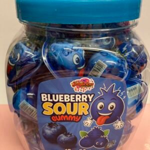 A bulk tub of 50 individually wrapped 18g halal Blueberry Jelly Filled Gummies with a blue outer shell and juicy fruit center.
