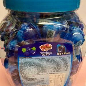 A bulk tub of 50 individually wrapped 18g halal Blueberry Jelly Filled Gummies with a blue outer shell and juicy fruit center.