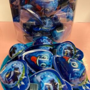 A bulk tub of 50 individually wrapped 18g halal Blueberry Jelly Filled Gummies with a blue outer shell and juicy fruit center.