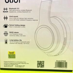 Black Budi over-ear wireless Bluetooth headphones featuring stereo sound and comfortable ear-cup padding in original packaging.