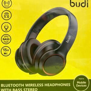 Black Budi over-ear wireless Bluetooth headphones featuring stereo sound and comfortable ear-cup padding in original packaging.