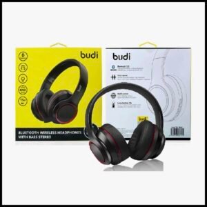 Black Budi over-ear wireless Bluetooth headphones featuring stereo sound and comfortable ear-cup padding in original packaging.