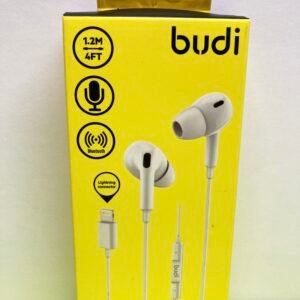White Budi Lightning earphones for iPhone featuring an in-line remote, microphone, and a 120cm TPE cable.