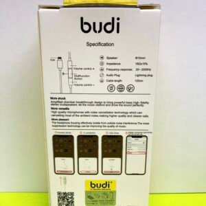 White Budi Lightning earphones for iPhone featuring an in-line remote, microphone, and a 120cm TPE cable.