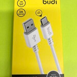 A 1-meter white Budi USB-C to USB-C cable in original packaging, supporting 3A fast charging and high-speed data transfer.