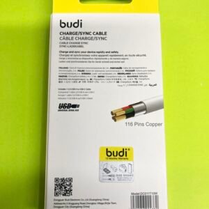 A 1-meter white Budi USB-C to USB-C cable in original packaging, supporting 3A fast charging and high-speed data transfer.