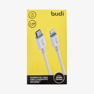 A 1-meter white Budi USB-C to USB-C cable in original packaging, supporting 3A fast charging and high-speed data transfer.