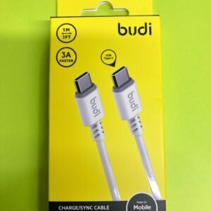A 1-meter white Budi USB-C to USB-C cable in original packaging, supporting 3A fast charging and high-speed data transfer.