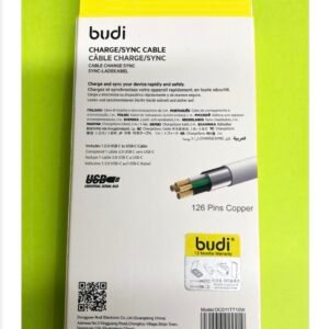 A 1-meter white Budi USB-C to USB-C cable in original packaging, supporting 3A fast charging and high-speed data transfer.