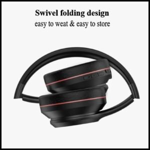 Black Budi over-ear wireless headphones with red trim, featuring a swivel folding design and 15-hour battery life.