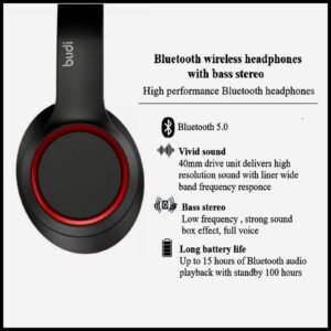 Black Budi over-ear wireless headphones with red trim, featuring a swivel folding design and 15-hour battery life.