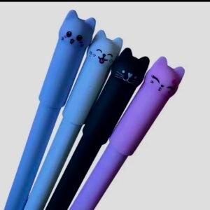 A set of blue ink gel pens featuring cute cartoon cat toppers and integrated erasers for smudge-free corrections.