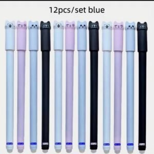 A set of blue ink gel pens featuring cute cartoon cat toppers and integrated erasers for smudge-free corrections.