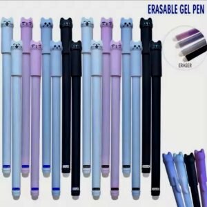 A set of blue ink gel pens featuring cute cartoon cat toppers and integrated erasers for smudge-free corrections.