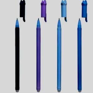 A set of blue ink gel pens featuring cute cartoon cat toppers and integrated erasers for smudge-free corrections.