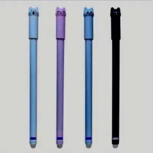 A set of blue ink gel pens featuring cute cartoon cat toppers and integrated erasers for smudge-free corrections.