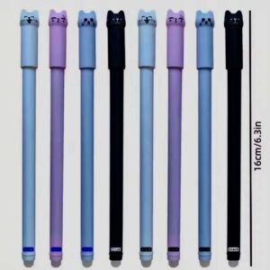 A set of blue ink gel pens featuring cute cartoon cat toppers and integrated erasers for smudge-free corrections.