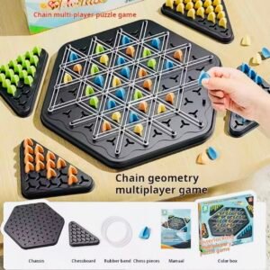 A multiplayer strategy game featuring a hexagonal board where players use rubber bands to create triangles and claim them with colored game pieces.