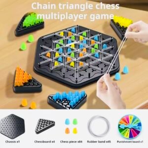A multiplayer strategy game featuring a hexagonal board where players use rubber bands to create triangles and claim them with colored game pieces.
