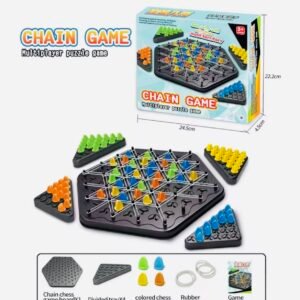 A multiplayer strategy game featuring a hexagonal board where players use rubber bands to create triangles and claim them with colored game pieces.