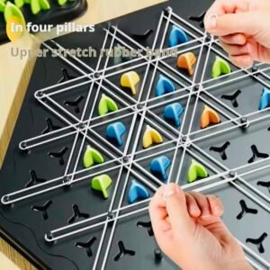 A multiplayer strategy game featuring a hexagonal board where players use rubber bands to create triangles and claim them with colored game pieces.