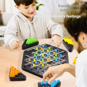 A multiplayer strategy game featuring a hexagonal board where players use rubber bands to create triangles and claim them with colored game pieces.