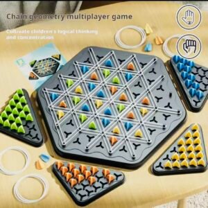 A multiplayer strategy game featuring a hexagonal board where players use rubber bands to create triangles and claim them with colored game pieces.