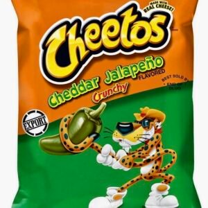 A large 226g bag of Cheetos Crunchy Cheddar Jalapeño corn snacks featuring the green and yellow packaging and Chester Cheetah