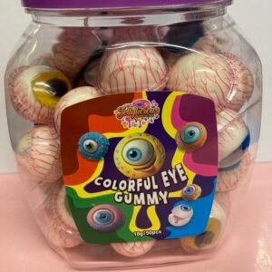 A bulk tub of 50 individually wrapped 18g halal eye-shaped jelly filled gummies with colorful irises and a red fruit center.