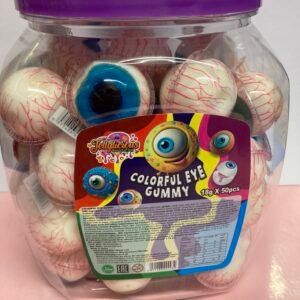A bulk tub of 50 individually wrapped 18g halal eye-shaped jelly filled gummies with colorful irises and a red fruit center.