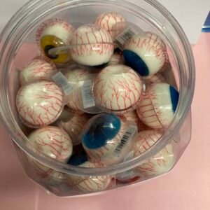 A bulk tub of 50 individually wrapped 18g halal eye-shaped jelly filled gummies with colorful irises and a red fruit center.