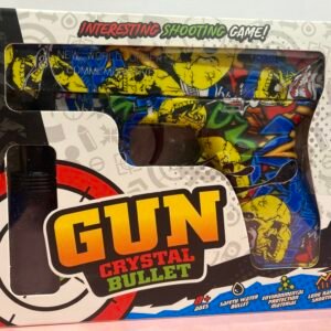 A vibrant graffiti-patterned toy gun in retail packaging featuring safety water crystal bullets and long-range shooting capabilities.