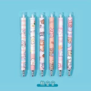 A set of six uniquely designed cute gel pens with 0.5mm fine tips, displayed in a variety of creative colors and patterns.