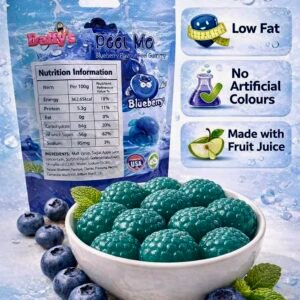 A 65g blue bag of Daffy’s Peel Me Blueberry Gummy Candy, featuring soft, peelable, and halal-certified blueberry-flavored gummies, made with real fruit juice