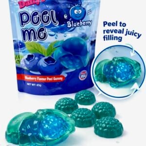 A 65g blue bag of Daffy’s Peel Me Blueberry Gummy Candy, featuring soft, peelable, and halal-certified blueberry-flavored gummies, made with real fruit juice