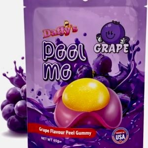 A 65g purple bag of Daffy’s Peel Me Grape Gummy Candy, featuring soft, peelable, and halal-certified grape-flavored gummies