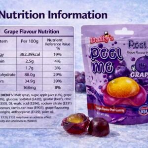 A 65g purple bag of Daffy’s Peel Me Grape Gummy Candy, featuring soft, peelable, and halal-certified grape-flavored gummies