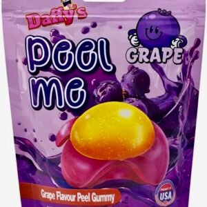 A 65g purple bag of Daffy’s Peel Me Grape Gummy Candy, featuring soft, peelable, and halal-certified grape-flavored gummies