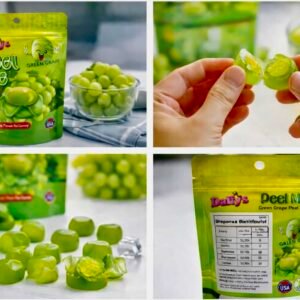 A 65g bag of Daffy’s Peel Me Green Grape Gummy Candy, showing green, peelable, halal-certified fruit gummies.