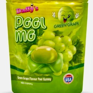A 65g bag of Daffy’s Peel Me Green Grape Gummy Candy, showing green, peelable, halal-certified fruit gummies.