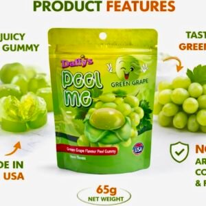 A 65g bag of Daffy’s Peel Me Green Grape Gummy Candy, showing green, peelable, halal-certified fruit gummies.