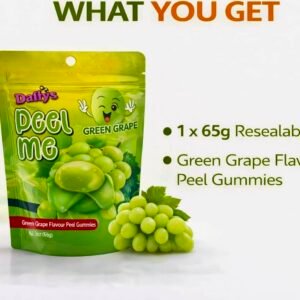 A 65g bag of Daffy’s Peel Me Green Grape Gummy Candy, showing green, peelable, halal-certified fruit gummies.