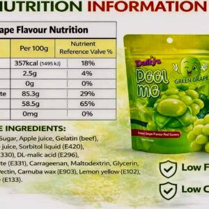 A 65g bag of Daffy’s Peel Me Green Grape Gummy Candy, showing green, peelable, halal-certified fruit gummies that is low fat and calories.