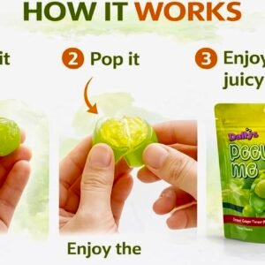 A 65g bag of Daffy’s Peel Me Green Grape Gummy Candy, showing green, peelable, halal-certified fruit gummies.