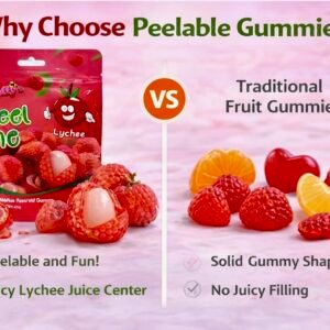 A 65g bag of Daffy’s Peel Me Lychee Gummy Candy, featuring white and pink peelable halal-certified fruit gummies.