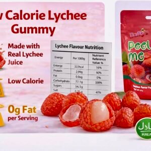 A 65g bag of Daffy’s Peel Me Lychee Gummy Candy, featuring white and pink peelable halal-certified fruit gummies.