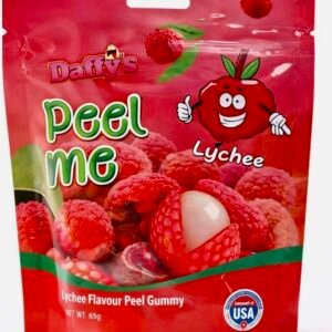 A 65g bag of Daffy’s Peel Me Lychee Gummy Candy, featuring white and pink peelable halal-certified fruit gummies.
